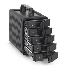 Load image into Gallery viewer, Five removable drive trays open on the Fortis USB4 enclosure