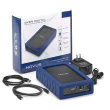 Load image into Gallery viewer, Oyen Digital Novus hard drive with power adapter, USB cables and packaging