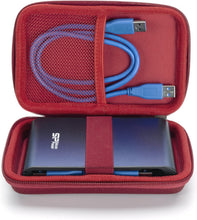 Load image into Gallery viewer, Open red Drive Logic DL-64 case showing a secured portable hard drive and cable pocket